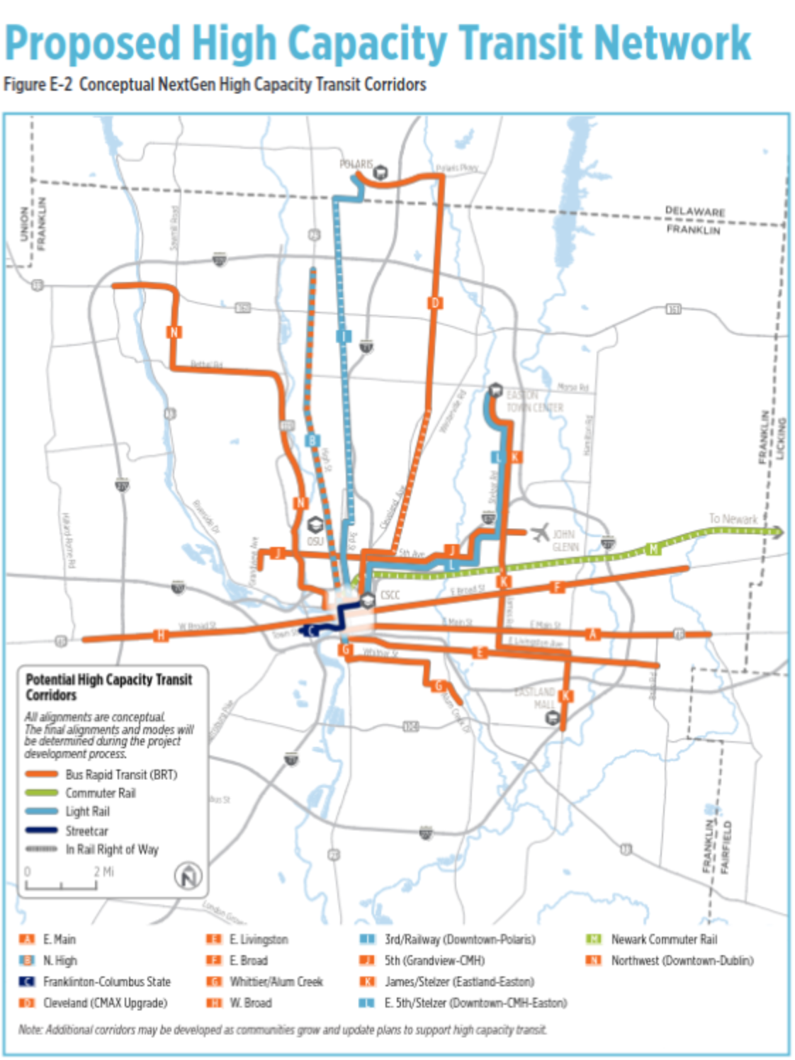 NextGen screenshot showing route L as a light-rail line from Downtown past the airport to Easton