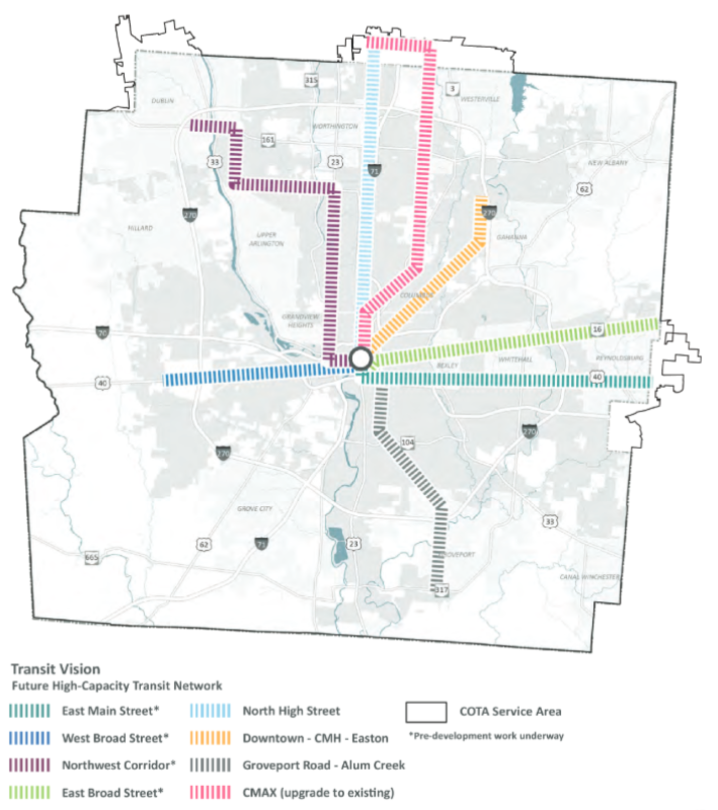 LinkUS Community Action Plan screenshot showing a very rough outline for a line from Downtown past the airport to Easton