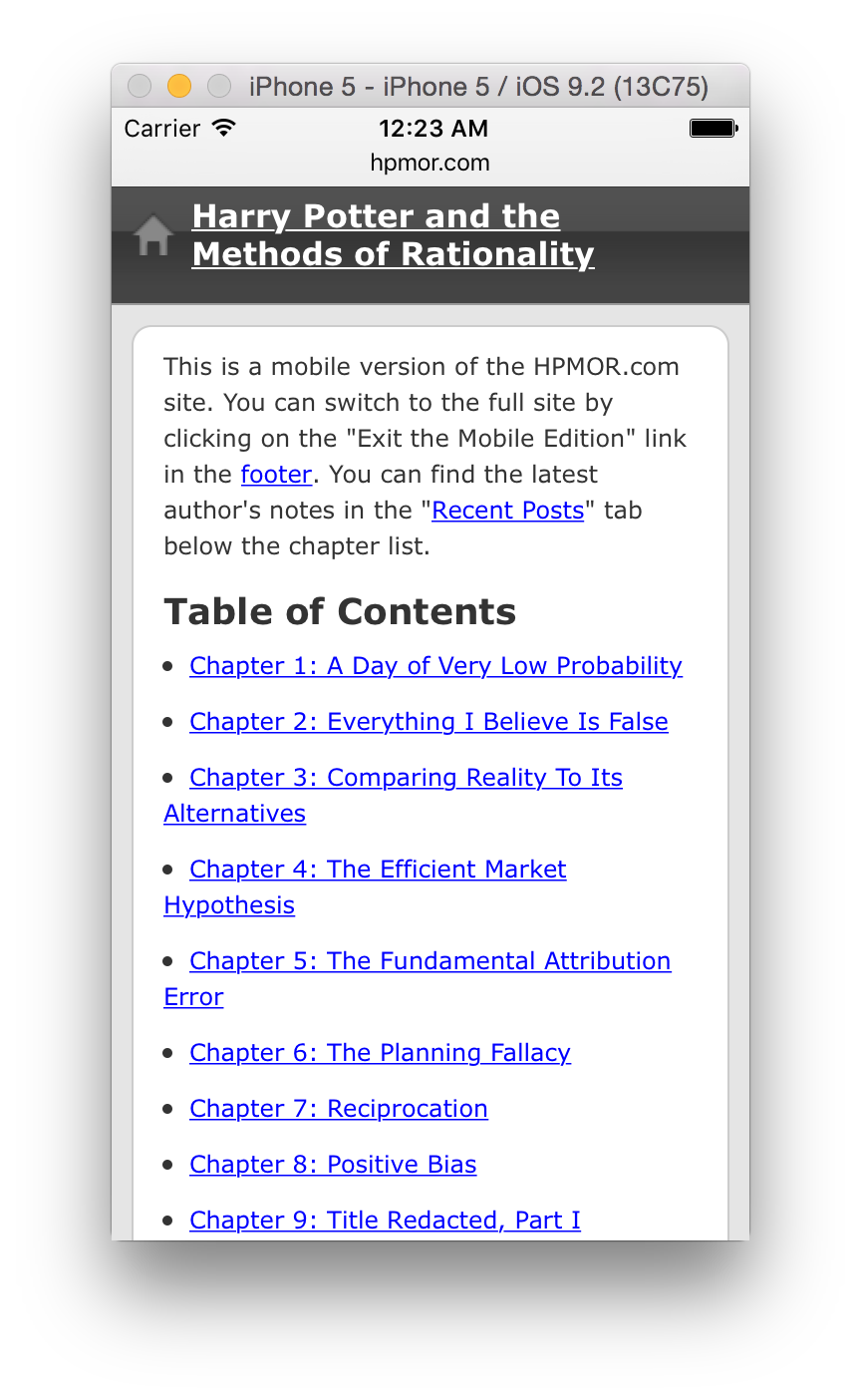An screenshor of hpmor.com loaded in Safari on an iPhone 5, in portrait orientation. The careful styling of the desktop-width hpmor.com is completely replaced with styles from a boilerplate mobile theme.