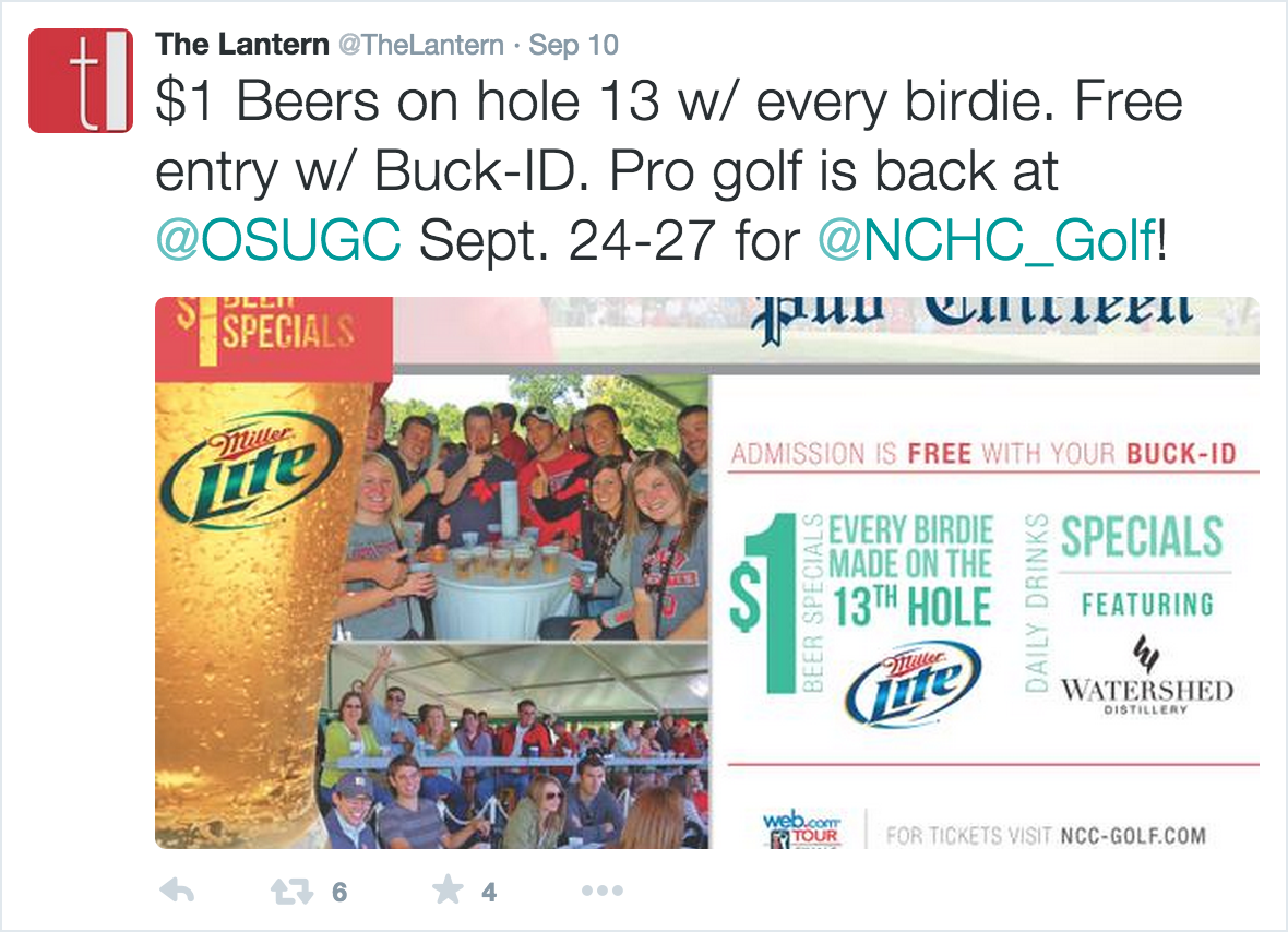 Screenshot of tweet with attached image. Tweet text reads: $1 beers on hole 13 w/ every bridie. Free entry w/ Buck-ID. Pro golf is back at @OSUGC Sept. 24-27 for @NCHC_Golf!